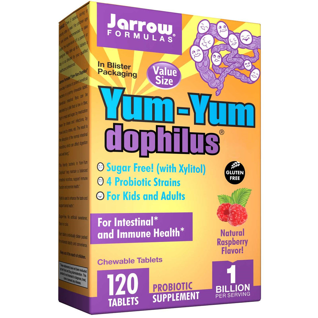 Jarrow Formulas, Yum-Yum Dophilus, ¡sin azúcar!, sabor natural a frambuesa, 120 tabletas masticables