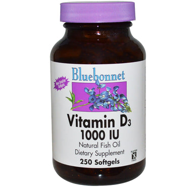 Bluebonnet ernæring, vitamin d3, 1000 iu, 250 myke geler