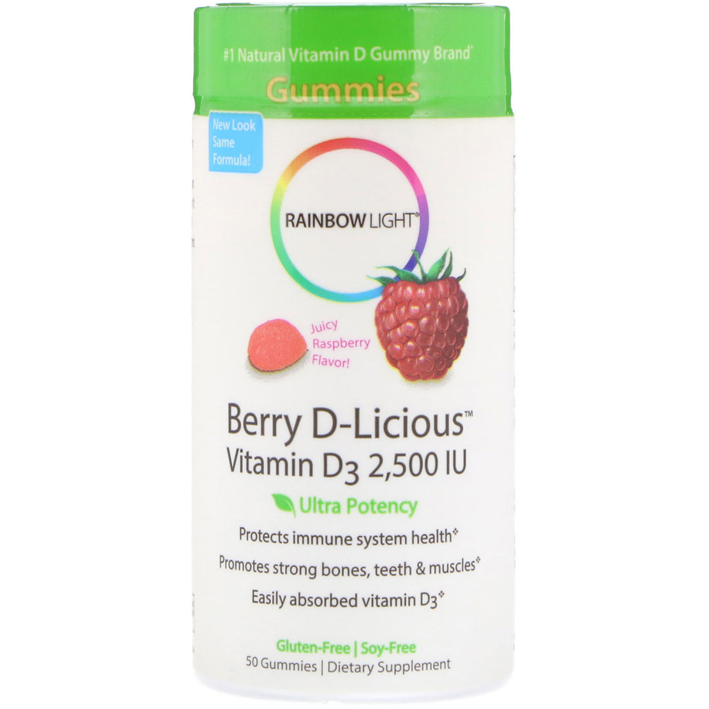 Rainbow light, berry d-licious, vitamin D3, bringebærsmak, 2500 iu, 50 gummier