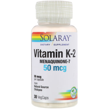 Solaray, 비타민 K-2, 메나퀴논-7, 50mcg, 식물성 캡슐 30정