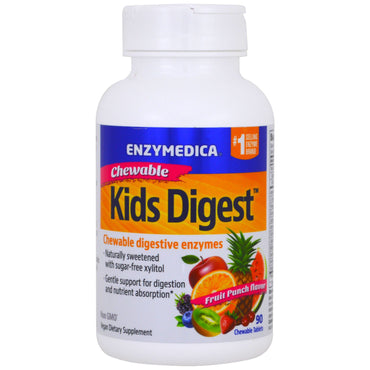 Enzymedica, Kids Digest، إنزيمات هضمية قابلة للمضغ، لكمة الفاكهة، 90 قرصًا قابلاً للمضغ