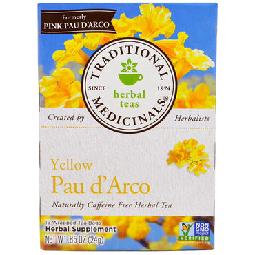 תרופות מסורתיות, תה צמחים, פאו ד'ארקו צהוב, ללא קפאין באופן טבעי, 16 שקיקי תה עטופים, 0.85 אונקיות (24 גרם)