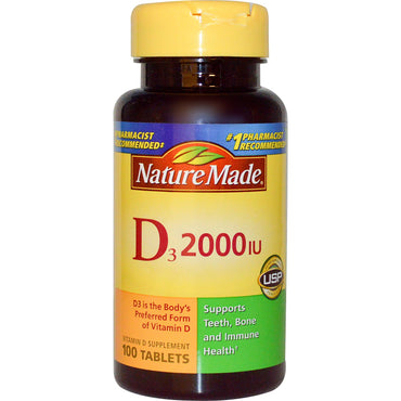 Nature made, d3, 비타민 d 보충제, 2000 iu, 100정