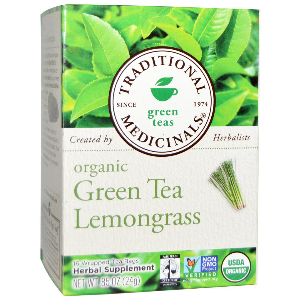 Medicamente tradiționale, ceaiuri verzi, ceai verde lemongrass, 16 pliculete de ceai împachetate, 0,85 oz (24 g)