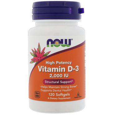 Now Foods, vitamina D-3 de alta potencia, 2000 UI, 120 cápsulas blandas