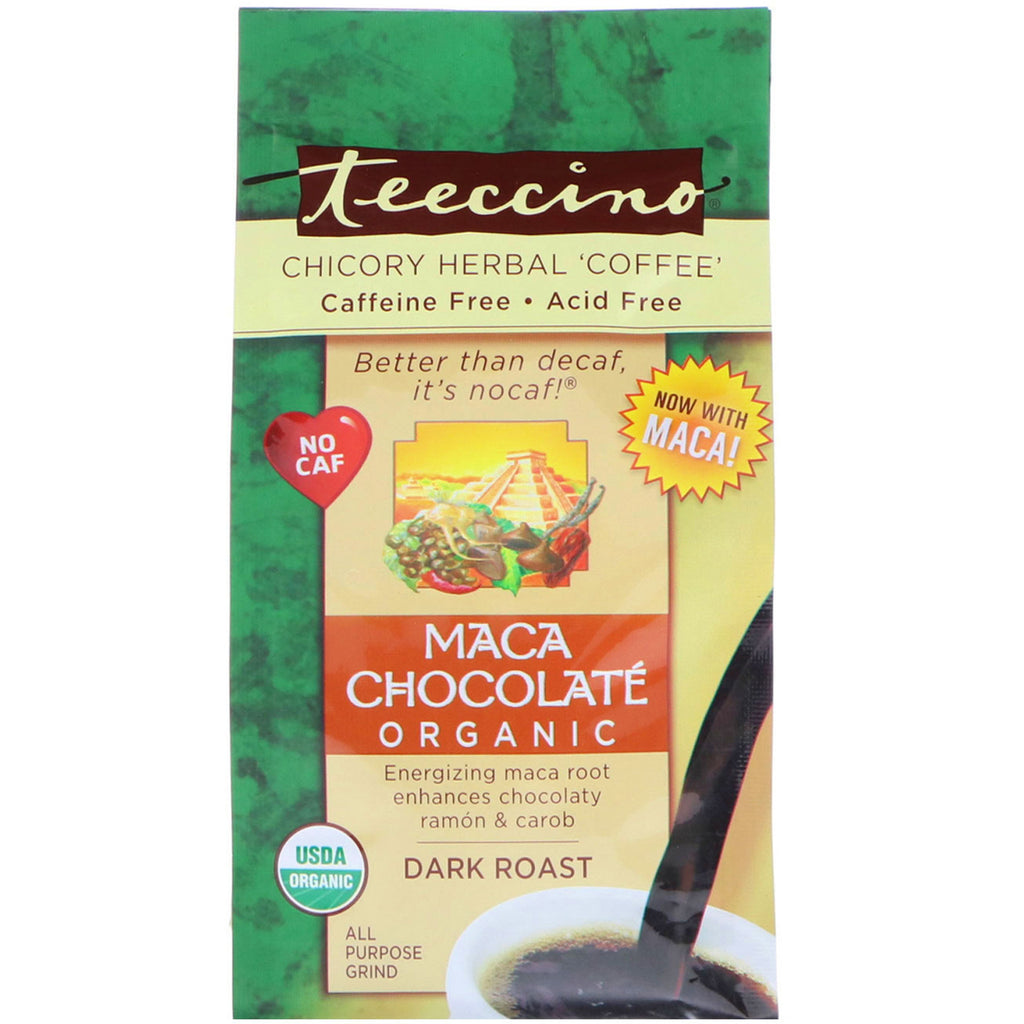 Teeccino, 'กาแฟสมุนไพรชิโครี', ช็อคโกแลตมาค่า, คั่วเข้ม, ปราศจากคาเฟอีน, 11 ออนซ์ (312 กรัม)