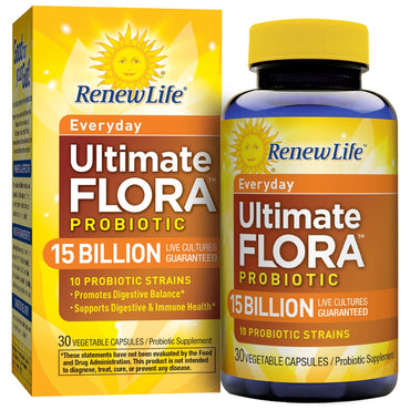 Renew Life, Everyday, Ultimate Flora Probiotic, 15 mil millones de cultivos vivos, 30 cápsulas vegetales