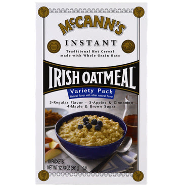 Gruau irlandais McCann's, flocons d'avoine instantanés, pack varié, 3 saveurs, 10 sachets