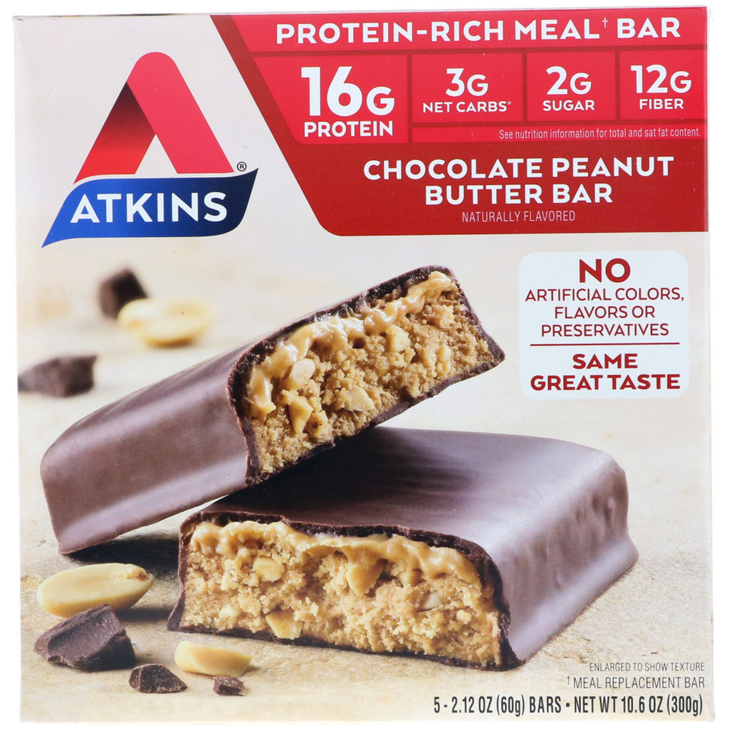 Atkins, måltid, sjokolade peanøttsmørbar, 5 barer, 2,1 oz (60 g) hver