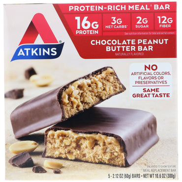 Atkins, Repas, Barre au chocolat et au beurre de cacahuète, 5 barres, 2,1 oz (60 g) chacune