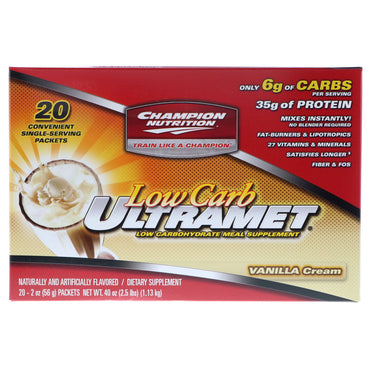 Champion Nutrition, Low Carb Ultramet, Meal Supplement, Vanilla Cream, 20 Packets, 2 oz (56 g) Each