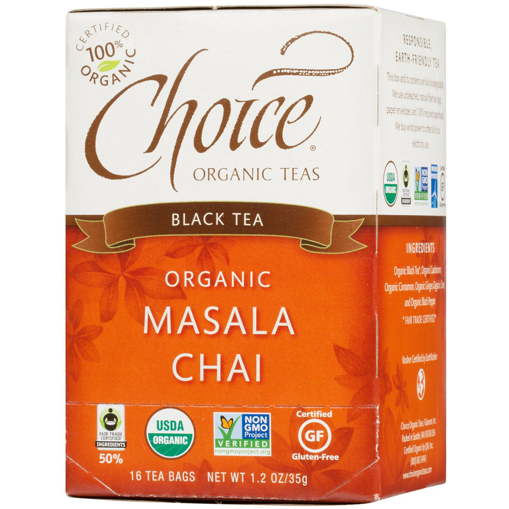 Choice-teer, svart te, , Masala Chai, 16 tepåsar, 1,2 oz (35 g)