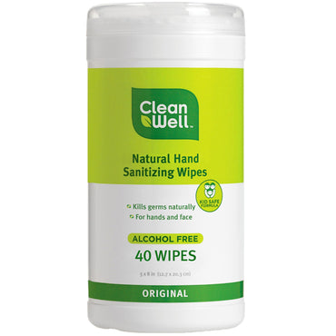 Clean Well, toalhetes desinfetantes para as mãos totalmente naturais, sem álcool, originais, 40 toalhetes, 12,7 x 20,3 cm (5 x 8 pol.) Cada