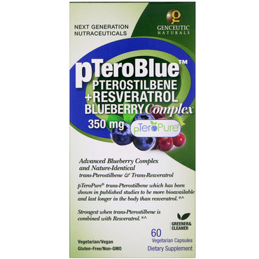 Genceutic Naturals, pTeroBlue, ptérostilbène + resvératrol, 350 mg, 60 capsules végétariennes