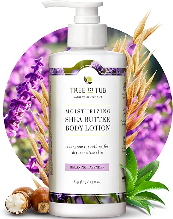 Tree To Tub, Nawilżający balsam do ciała z masłem shea, nietłusty, nawilżający do skóry suchej i wrażliwej, lawenda, 250 ml