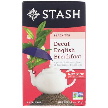 Stash Tea, svart te, koffeinfritt engelsk frukost, 18 tepåsar, 1,2 oz (36 g)