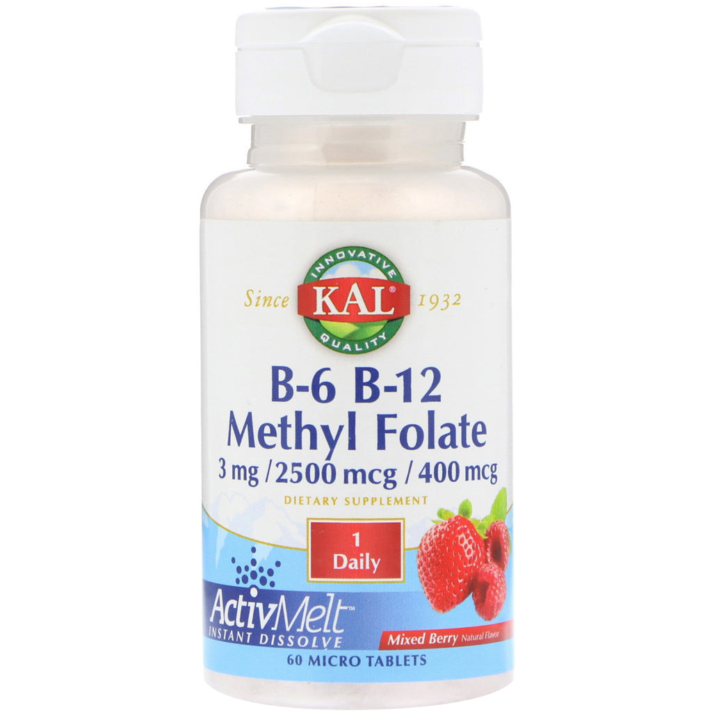 KAL, B-6 B-12 Folan metylu, Mieszane jagody, 3 mg / 2500 mcg / 400 mcg, 60 mikrotabletek