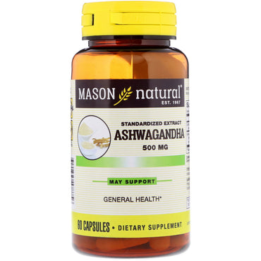 Mason Natural, Ashwagandha, standardiseret ekstrakt, 500 mg, 60 kapsler