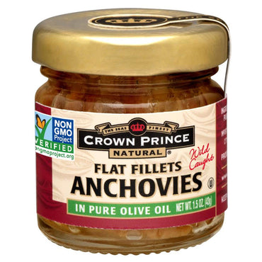 Crown Prince Natural, anchoas, filetes planos, en aceite de oliva puro, 1,5 oz (43 g)