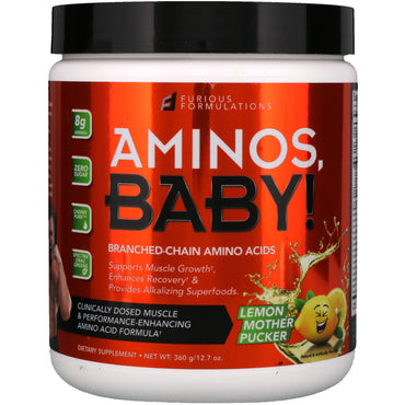 FURIOUS FORMULATIONS, Aminos, Baby !, Acides aminés à chaîne ramifiée, Lemon Mother Pucker, 12,7 oz (360 g)