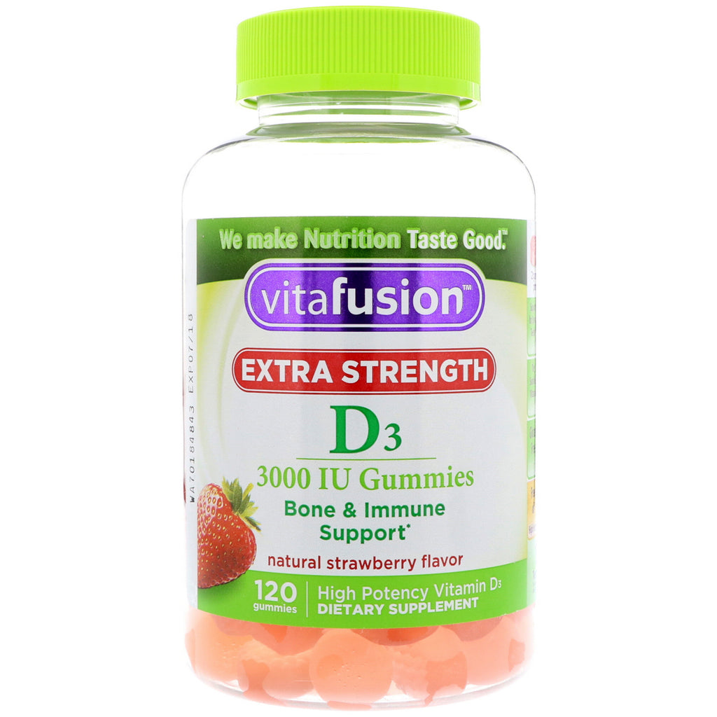VitaFusion, D3 extra fuerte, apoyo óseo e inmunológico, sabor natural a fresa, 3000 UI, 120 gomitas