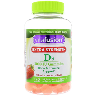 Vitafusion, extra sterkte d3, ondersteuning van botten en immuunsysteem, natuurlijke aardbeiensmaak, 3000 IE, 120 gummies