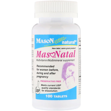 Mason Natural, Suplemento multivitamínico/multimineral prenatal MasoNatal, 100 tabletas