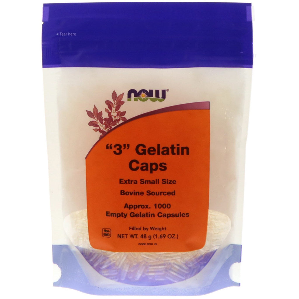 Now Foods, "3" cápsulas de gelatina, tamaño extra pequeño, 1000 cápsulas de gelatina vacías