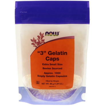 Now Foods, "3" cápsulas de gelatina, tamaño extra pequeño, 1000 cápsulas de gelatina vacías