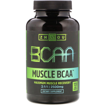 Zhou Nutrition, BCAA Muscular, Máxima Recuperação Muscular, 2500 mg, 120 Cápsulas Vegetais