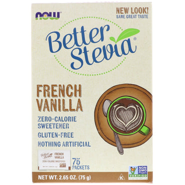 Now Foods, BetterStevia, îndulcitor cu zero calorii, vanilie franceză, 75 pachete, (1 g) fiecare