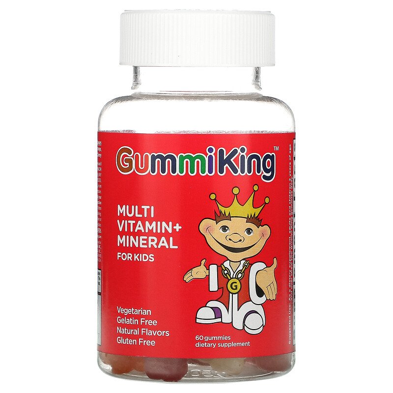 GummiKing, multivitamine + mineraal voor kinderen, aardbei, sinaasappel, citroen, druif, kers en grapefruit, 60 gummies