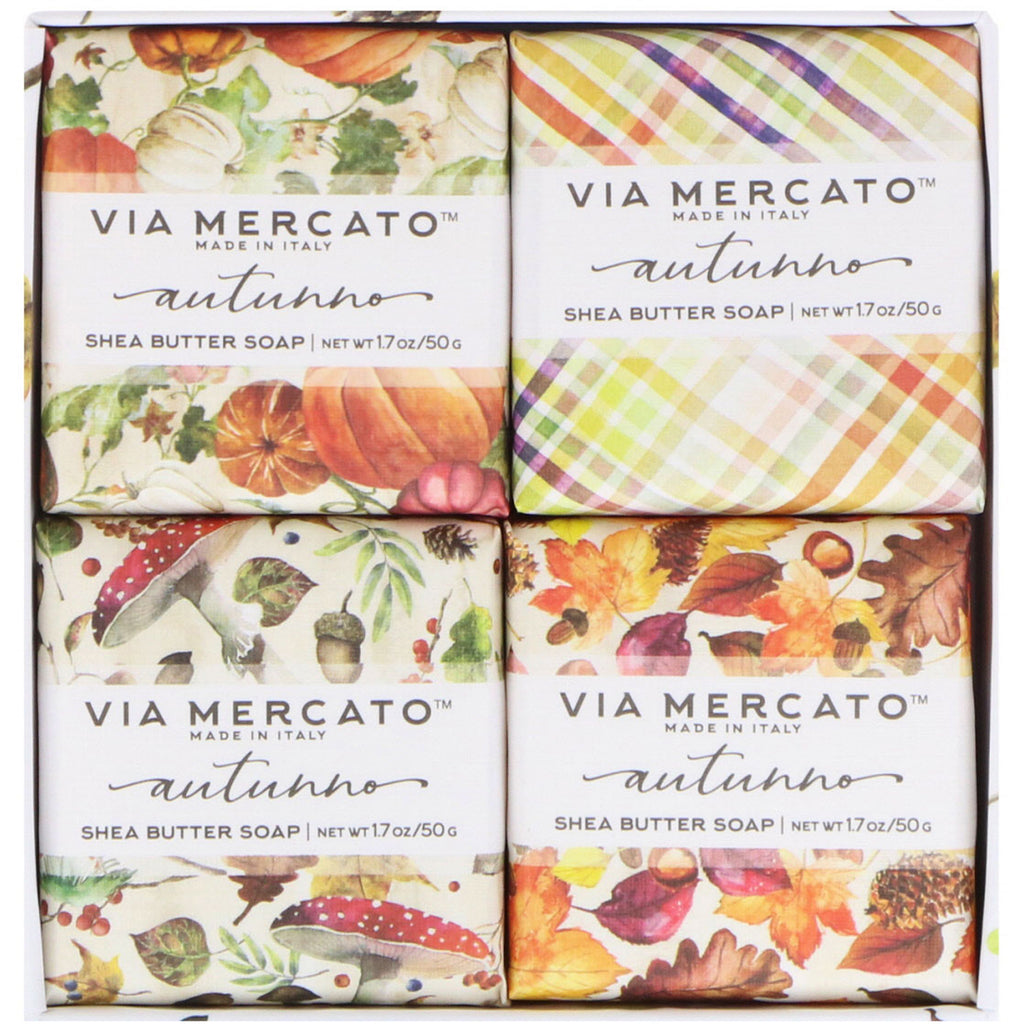 European Soaps, LLC, Via Mercato, Autumno, Shea Butter Soaps Set, 4 Soaps, 50 g Each