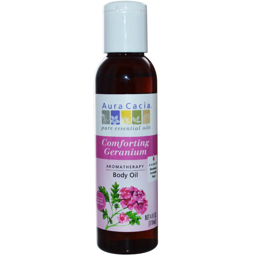 Aura Cacia, aromaterapi kroppsolje, trøstende geranium, 4 fl oz (118 ml)