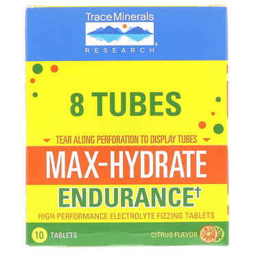 Trace Minerals Research, Max-Hydrate Endurance, comprimés effervescents, saveur d'agrumes, 8 tubes, 10 comprimés chacun