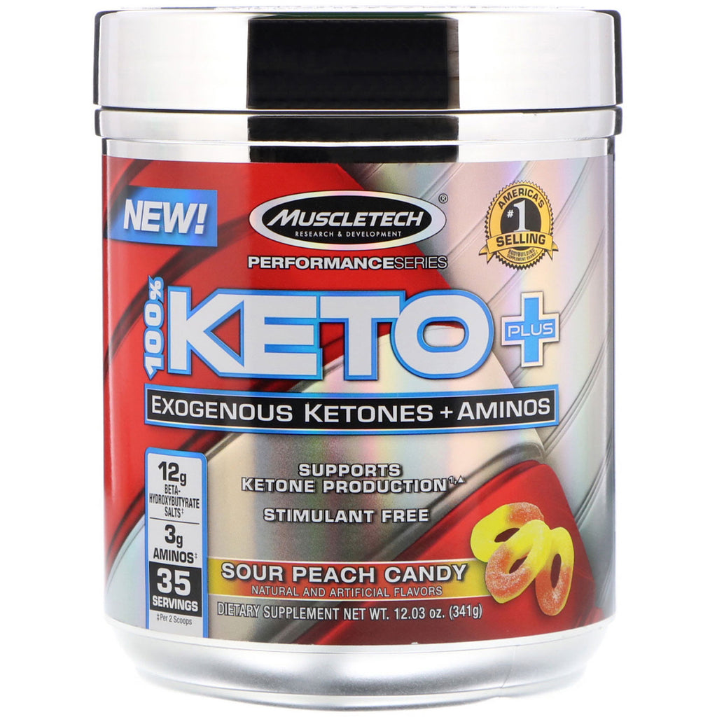 Muscletech, Keto Plus 100%, คีโตนจากภายนอก + อะมิโน, ลูกอมลูกพีชรสเปรี้ยว, 12.03 ออนซ์ (341 กรัม)