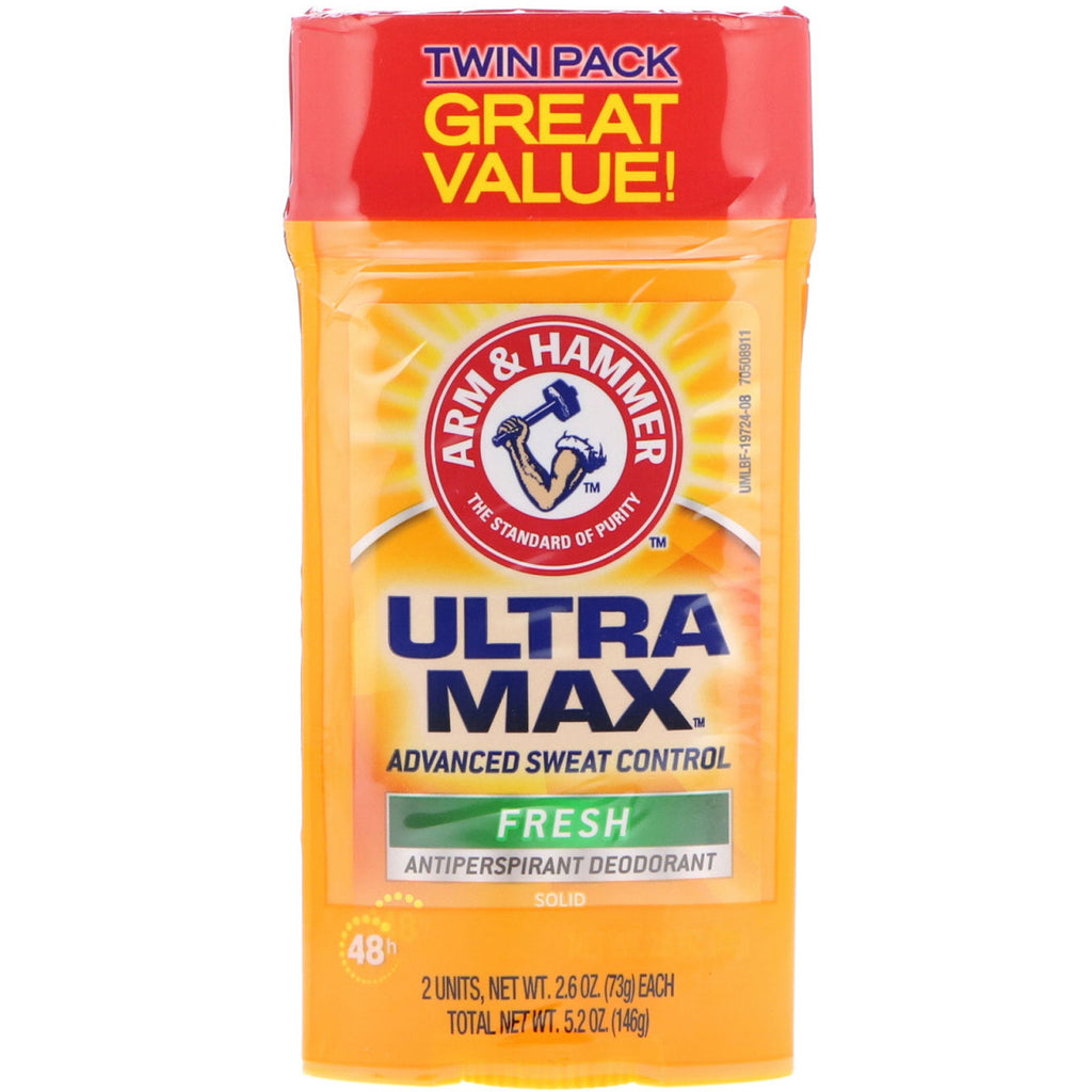 Arm & Hammer, UltraMax, Solid Antiperspirant Deodorant, til mænd, Frisk, Twin Pack, 2,6 oz (73 g) hver