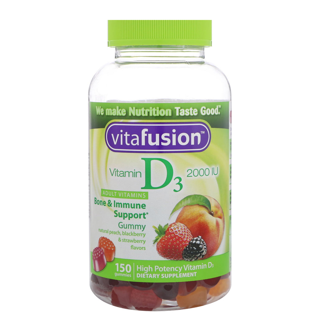 VitaFusion, vitamina D3, apoyo óseo e inmunológico, sabores naturales de melocotón, mora y fresa, 2000 UI, 150 gomitas
