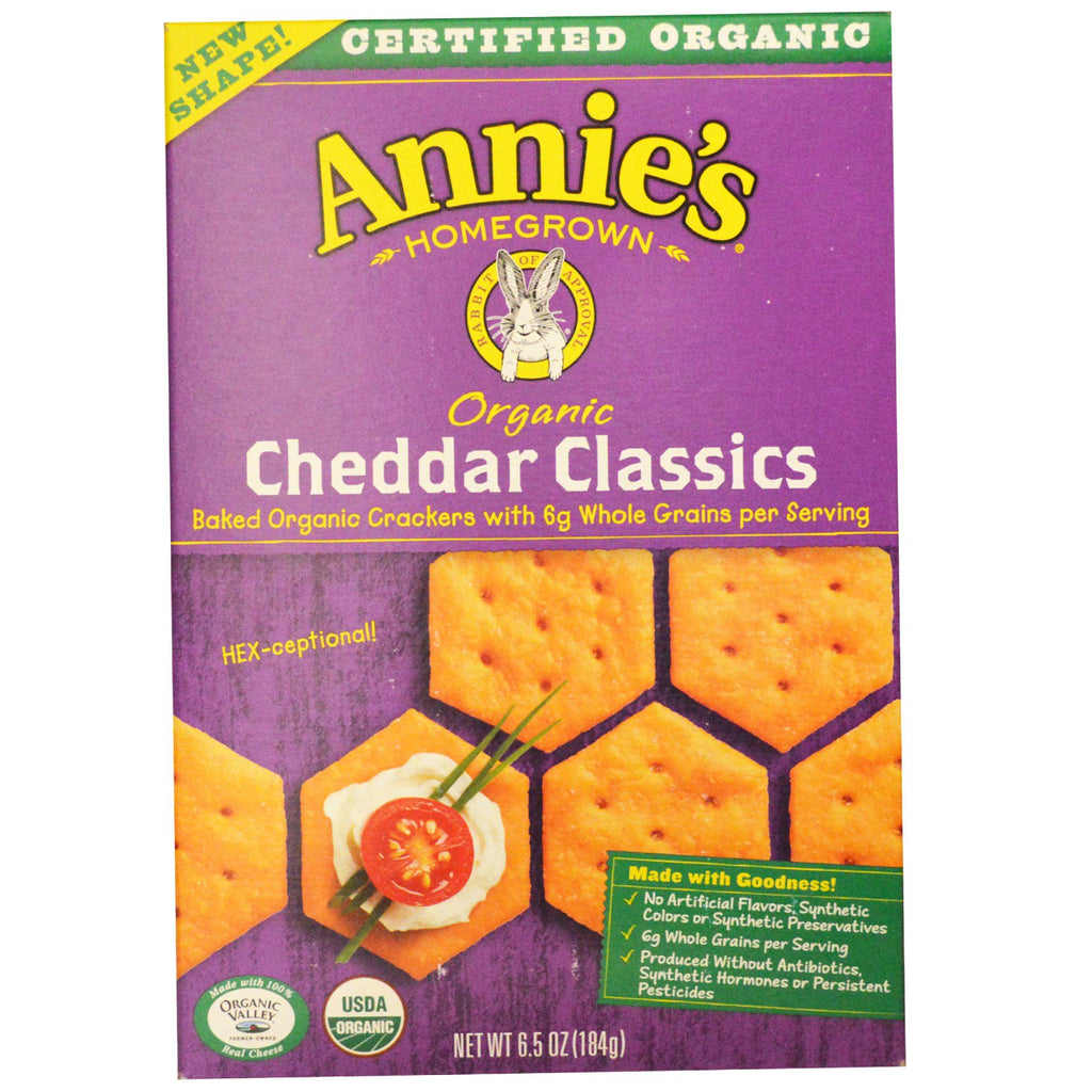 Annie's Homegrown, Cheddar Classics, Pieczone krakersy z pełnymi ziarnami, , 6,5 uncji (184 g)
