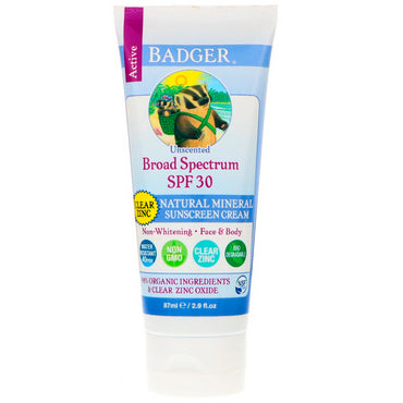 Badger Company, Natural Mineral Sunscreen Cream, Clear Zink, SPF 30, Uparfumeret, 2,9 fl oz (87 ml)