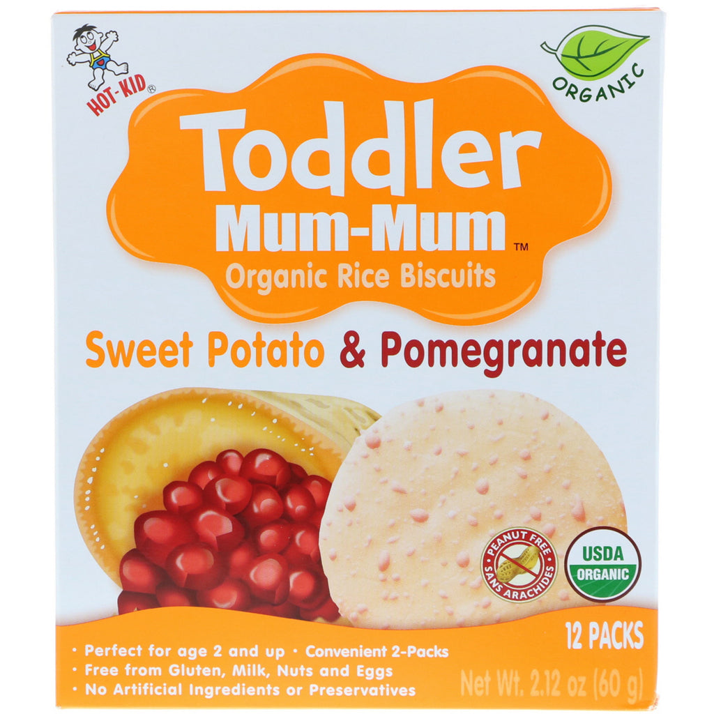 Hot Kid Galletas de arroz Mum-Mum para niños pequeños, batata y granada, 12 paquetes de 60 g (2,12 oz)