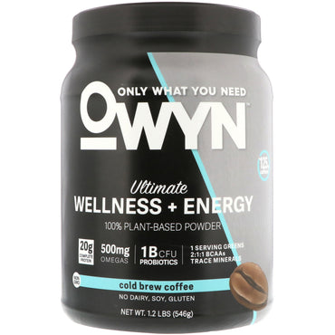 OWYN, Ultimate Wellness + Energy, polvo 100 % vegetal, café preparado en frío, 546 g (1,2 lb)