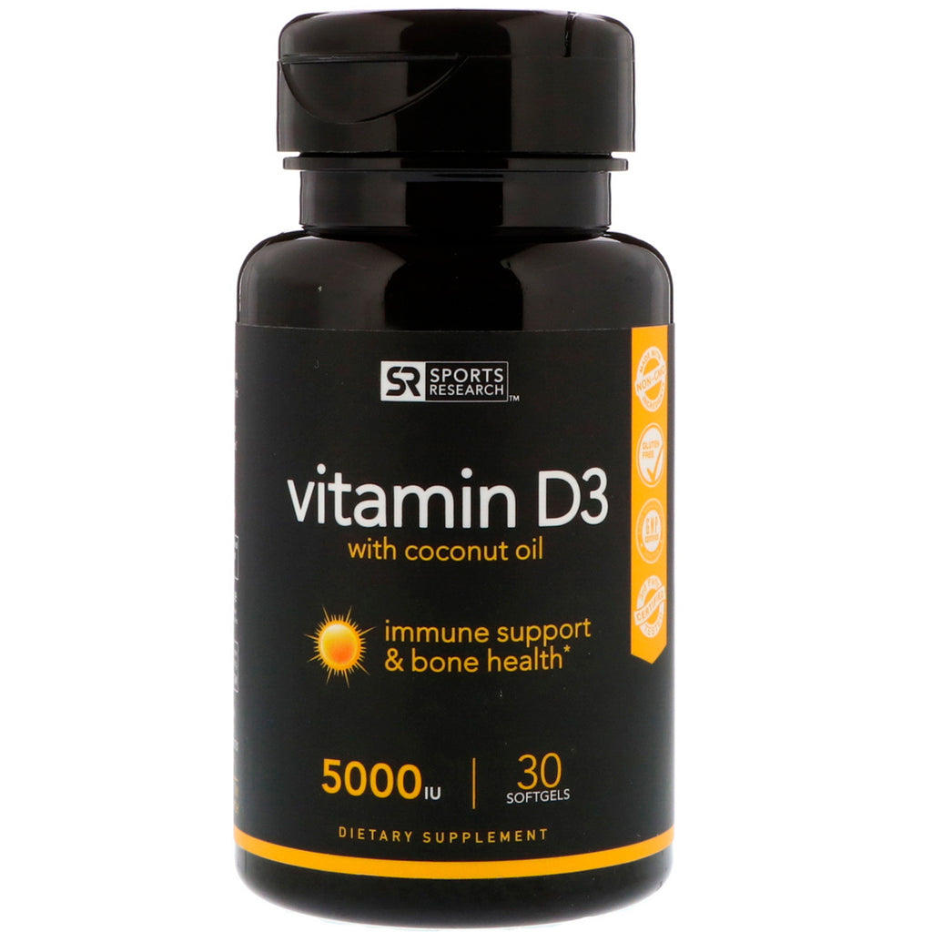Sportsforskning, vitamin D3 med kokosolje, 5000 IE, 30 softgels