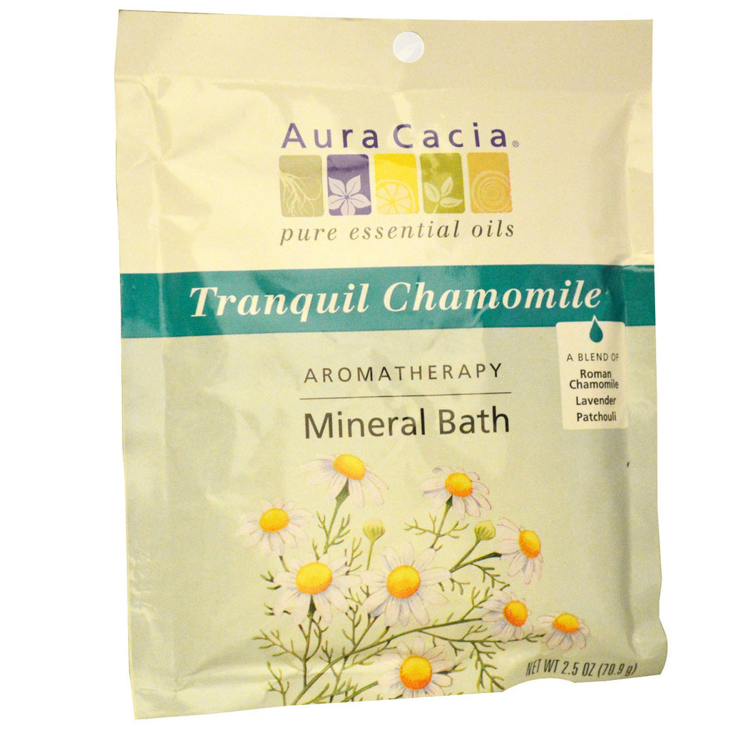 Aura Cacia, aromaterapi mineralbad, rolig kamille, 2,5 oz (70,9 g)