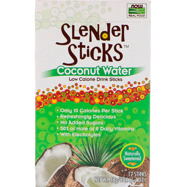 Now Foods, Comida de Verdade, Slender Sticks Água de Coco, 12 Sticks, 4 g Cada