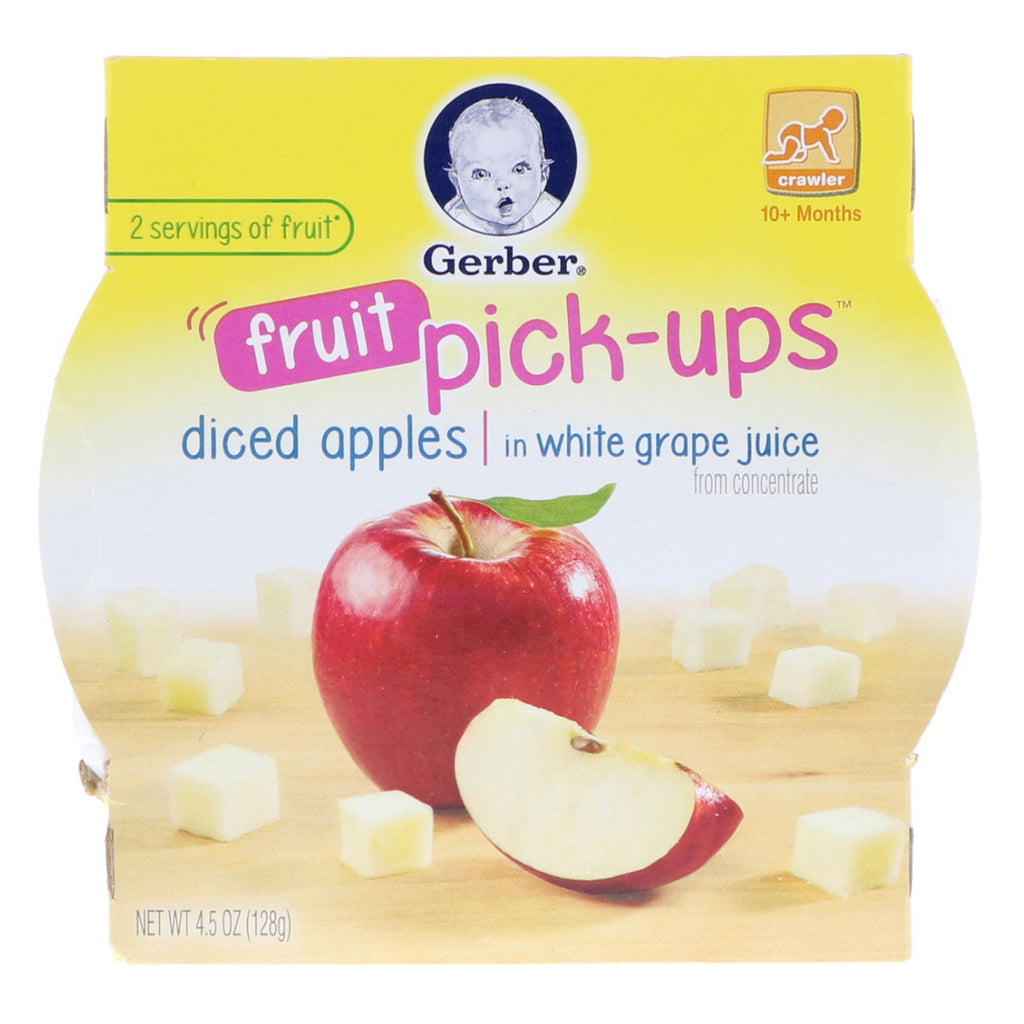 Gerber Fruit Pick-Ups Crawler 10+ เดือนแอปเปิ้ลหั่นสี่เหลี่ยมลูกเต๋าในน้ำองุ่นขาว 4.5 ออนซ์ (128 กรัม)