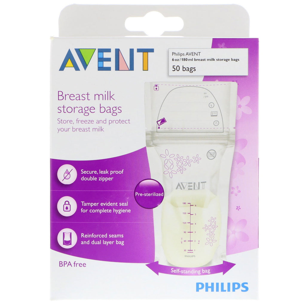 Philips Avent, bewaarzakjes voor moedermelk, 50 zakjes, elk 6 oz (180 ml).