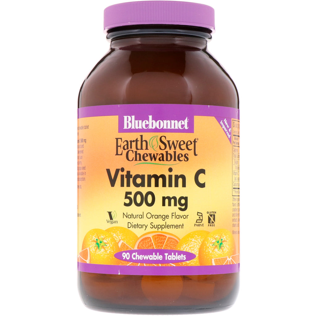 Bluebonnet Nutrition, EarthSweet tyggetabletter, vitamin C, naturlig appelsinsmak, 500 mg, 90 tyggetabletter