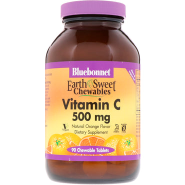 Bluebonnet Nutrition, Mastigáveis ​​EarthSweet, Vitamina C, Sabor Natural de Laranja, 500 mg, 90 Comprimidos Mastigáveis