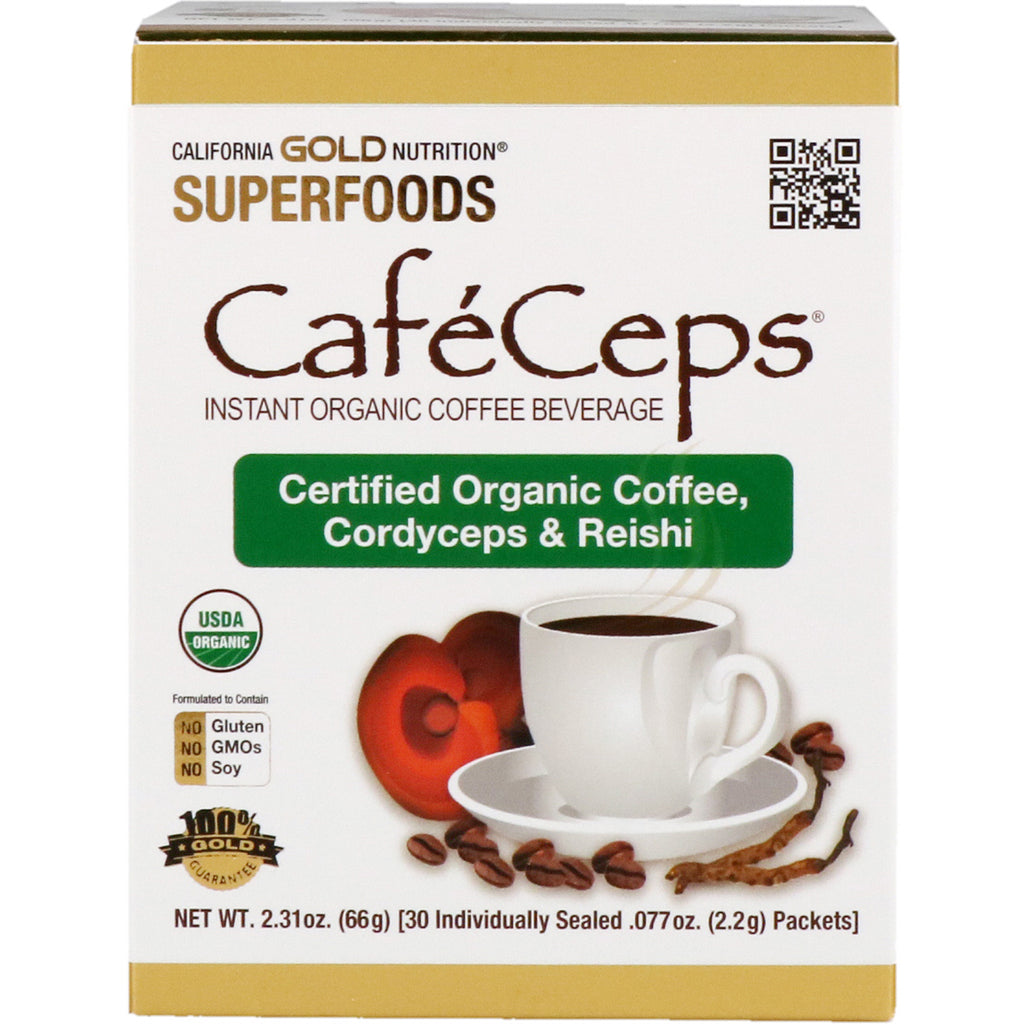 California Gold Nutrition, CafeCeps, certyfikowana kawa rozpuszczalna z kordycepsem i sproszkowanymi grzybami Reishi, 30 opakowań, 0,077 uncji (2,2 g) każde